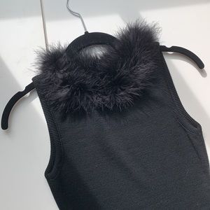 Black 🖤 Ostrich Feather Trim Neck Sleeveless Top Sweater Knit Barbie Retro EUC